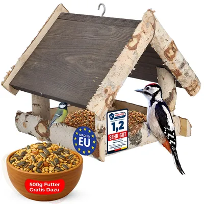 Productafbeelding van Vogelvoederhuisje van berkenhout | Inclusief 500 g vogelvoer, weerbestendig