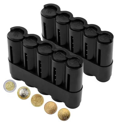 Productafbeelding van 2 stuks munten sorteerders, kunststof, zwart, met 5 compartimenten