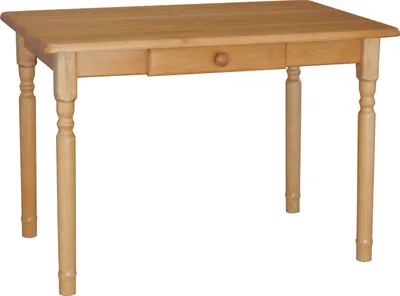 A light brown wooden table with a single drawer and a round wooden knob, shown from the front on a white background.
