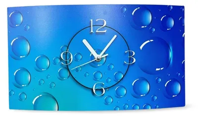 A rectangular wall clock with a blue, bubbly background.