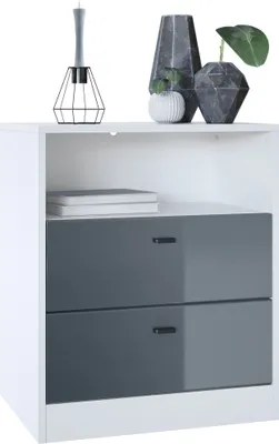 Produktbild von Vladon Kommode Pino V1,  Germany, Nachttisch mit 2 Schubladen & 1 offenem Fach, Weiß matt/Grau Hochglanz ohne LED (56 x 67,5 x 36 cm)