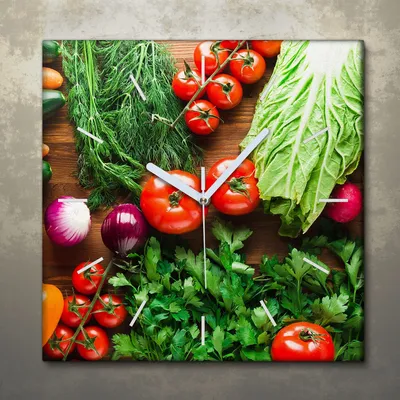Produktbild von Wohnzimmer Leinwand Uhr Geräuschlos Küche 30x30 Gemüse, Farbige, weiße Zeiger