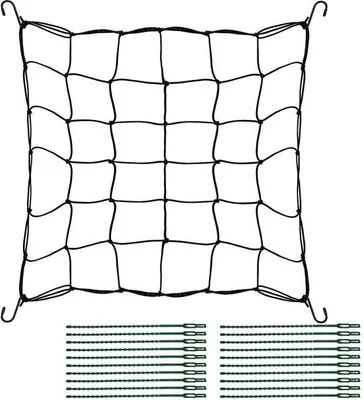 Produktbild von Unyqoos® Elastisches Pflanzennetz 60×60 cm – dehnbar bis 100×100 cm, natürliches Latex, mit Metallhaken und Pflanzenbindern für Garten & Gemüse
