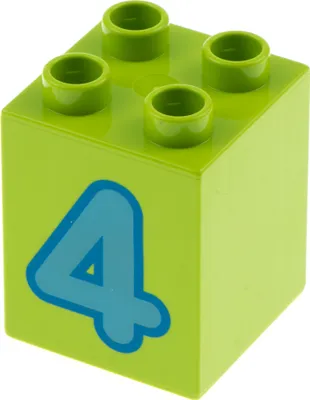 Produktbild von 1x Lego Duplo Motiv Bau Stein 2x2x2 lime hell grün bedruckt Zahl 4 blau 31110pb076