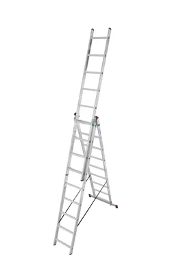 A silver multi-purpose ladder is shown against a white background.