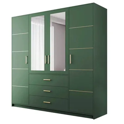 Produktbild von Drehtürenschrank BALI D4 - 200 cm Kleiderschrank mit 4 Türen, Spiegel und 3 Schubladen, Grün