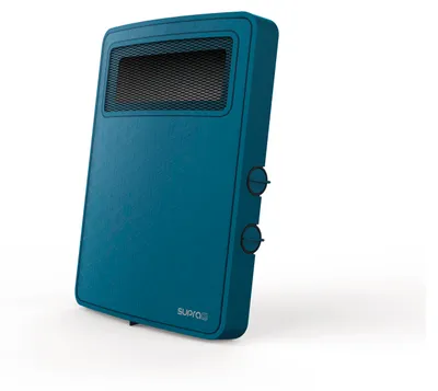 A blue electric heater is shown against a white background.