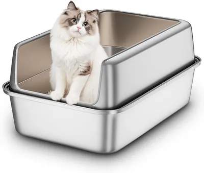 Produktbild von Katzentoilette aus Edelstahl, Metalltoiletten XXL, Katzentoiletten mit abnehmbarem hohem Rand, offene Katzentoilette für Katzen aller Größen, antihaft