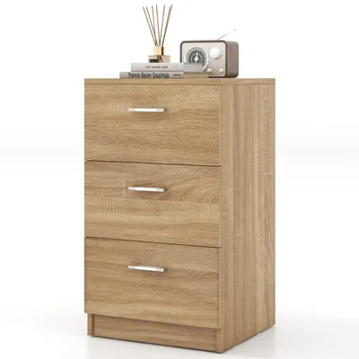 A wooden nightstand with three drawers is shown against a white background.