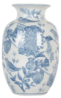 Obrázok produktu pre Váza Clayre & Eef Ø 14x23 cm Biele modré keramické vtáky na vetvách