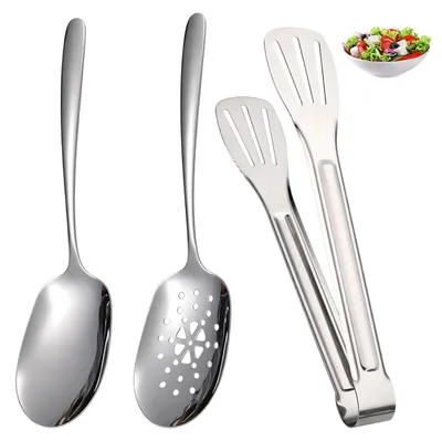 Produktbild von 3-teiliges Servierset - Edelstahl mit Servierlöffel, Schaumlöffel und Küchenzange - Salat- und Buffetbesteck für Salate, Bankette und Catering