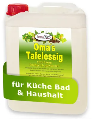 Produktbild von 5L Oma`s Tafelessig 10% Säure / Geschmacks Sieger für die gute Küche / Biologisch gewonnen / Glanz im Bad / Entkalken ohne Chemie / Premium Haushaltsessig