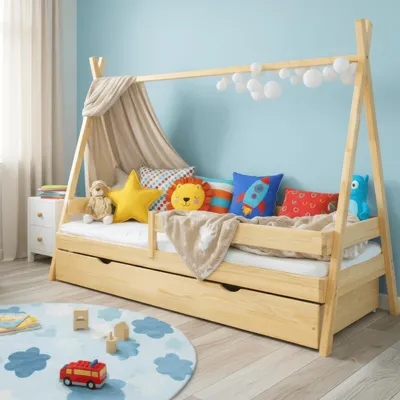 Produktbild von MEBLE WRÓBEL Kinderbett Tipi 90x190 cm Unlackiert - Bett aus Kiefernholz mit Schublade & Rausfallschutz - Hausbett für Mädchen und Jungen - Abgerundete Kanten