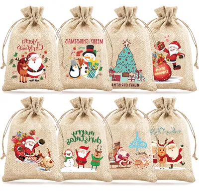 Imagen del producto de Bolsas de yute con cordón, de 10 x 15 cm, paquete de 8 unidades, ideales para regalos de Navidad