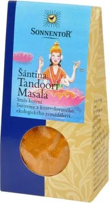 Obrázek produktu pro Sonnentor Shantis Tandoori Masala, Práškové koření, 32 g, Kardamom, Chilli paprička, Skořicová, Hřebíček, Koriandr, Římský kmín, Česnek, Zázvor,..., 318 kcal, 1325 kJ, 9,39 g