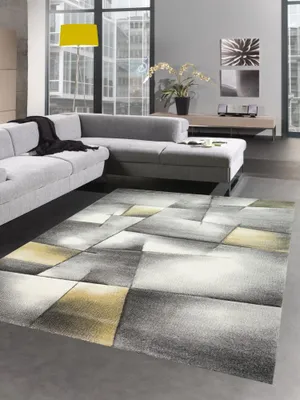 Image de Tapis court tapis salon carreaux abstraits pastel jaune gris Taille - 80 x 300 cm