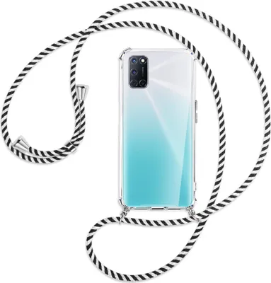 Produktbild von Handykette Backcover-Schutzhülle mit Band (Metall silberfarben) für Oppo A52 / A72 / A92 - schwarz/weiß gestreift