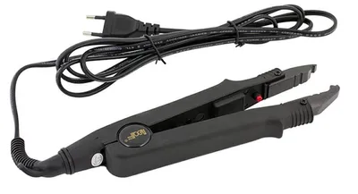 A black hair extension fusion iron with its power cord and plug is shown against a white background.