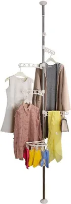 Productafbeelding van 4-laags staand kleding droogrek Kledinghanger Organizer - Ivoor - Vloer tot Plafond Verstelbaar Metalen Hoek Spanning