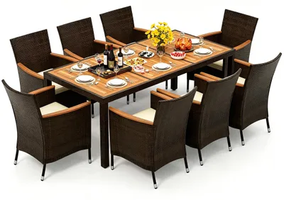 Produktbild von KOMFOTTEU Gartenmöbel, 9-teiliges Balkonmöbel mit Tisch & 8 Stühlen für 8 Personen, Terrassenmöbel aus Rattan & Akazienholz mit Schirmloch, Outdoor Sitzgruppe mit Sitzkissen für Garten, Balkon & Terrasse