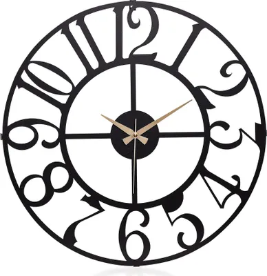 A black metal wall clock with gold hands against a white background.