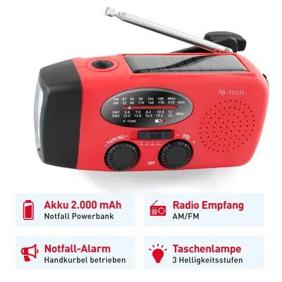Produktbild von X4-TECH FM/AM Solar-Kurbelradio mit 1W Taschenlampe und Notfallalarm, IPX3 wiederaufladbar USB/Solarpanel/Kurbel