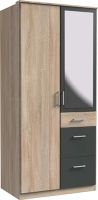 Produktbild von Kleiderschrank "Click" aus Spanplatte in Eiche-Sägerau-Nachbildung mit 3 Schubladen und 2 Türen. Abmessungen (B/H/T) 90x198x58 cm