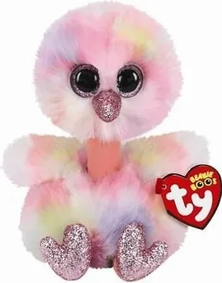 A plush toy ostrich with pastel colors and glittery feet and beak.