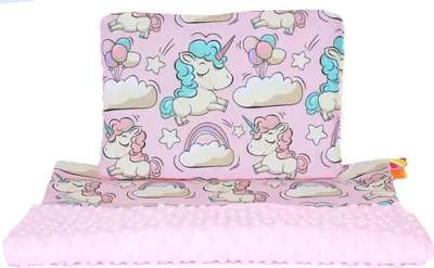 Produktbild von Minky Baby Kinderwagenset Kuscheldecke Kinder Decke Kissen 50 x70 cm 2. Einhorn + Rosa
