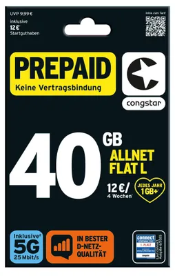 Produktbild von congstar Prepaid Allnet L mit doppeltem Startguthaben: 40 GB Datenvolumen & Flatrate für Telefonie und SMS, 5G-Speed, EU-Roaming