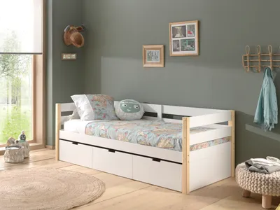 Produktbild von Vipack - Kojen Bett Margrit mit Umrandung u. Rolllattenrost, Liegefläche 90 x 200, inkl. Bettschublade auf Rollen, Ausf. Weiß lackiert, Bettpfosten Kiefer natur lackiert