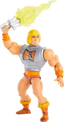 A toy action figure of He-Man from Masters of the Universe, holding his sword aloft with a yellow energy effect.