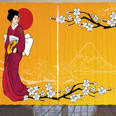 Obrázek produktu pro ARANDE Záclona s motivem třešňových květů, gejša, třešňové stromy, hory, japonské kulturní prvky, 280 x 225 cm, žlutá a kaštanově hnědá barva