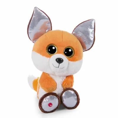 A plush toy fox sitting on a white background.