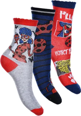 Produktbild von Miraculous Ladybug Kindersocken, 3er-Pack, grau-rot-blau, Größe:23-26