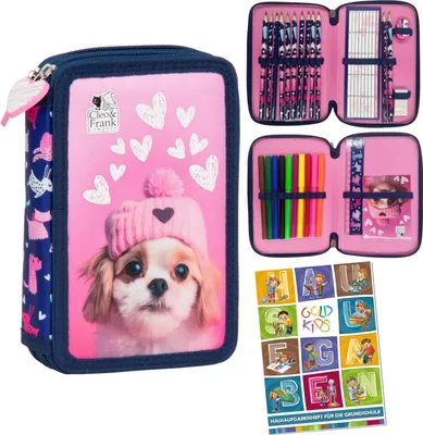 Produktbild von Federmäppchen 2 Fächer Mäppchen für Mädchen Jungen Federmappe 2-Fach Federtasche Gefüllte Schüleretui 27-teilig Schulmäppchen Hausaufgabenheft Hund