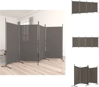 Multiple views of a grey fabric room divider with metal frames, shown in different configurations and settings.