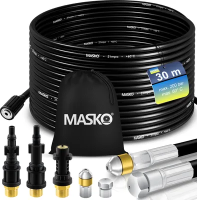 Produktbild von MASKO® Premium Rohrreinigungsschlauch Set Abflussreiniger 200 bar inkl. Tasche 3 Adapter 2 Düsen + rotierend kompatibel mit Kärcher k2-k7 LAVOR Hochdruckreiniger universal Rohrreinigungsset