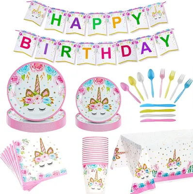Produktbild von 114 Stück Einhorn Party Set, Einhorn Geschirr Set, Dekorationen Geburtstage Einhorn, Gebutstag Party Set, Einhorn Party Kit Tischdecke Abdeckung Alles Gute zum Geburtstag Banner