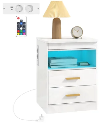 Zdjęcie produktu dla Szafka nocna HOMCOM z oświetleniem LED i stacją ładującą, 45 x 40 x 59 cm, biała z połyskiem