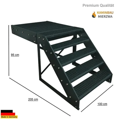 Produktbild von Podesttreppe Stahltreppe 5 Stufen Freistehend Höhe 95cm inklusive Podest 100x100cm ohne Geländer Anthrazit Ausrichtung Treppe Vorne/Front Aussentreppe