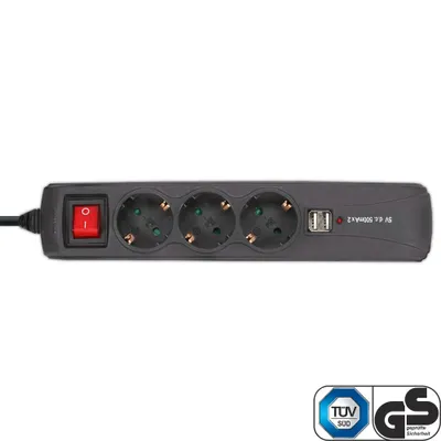 Produktbild von InLine® Steckdosenleiste, 3-fach Schutzkontakt, 2x USB, Schalter, schwarz, 1,5m
