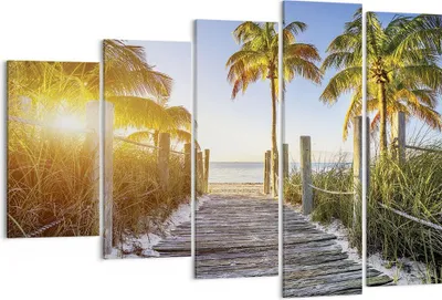 Produktbild von Bild auf Leinwand - Leinwandbild - 5 Teile - Strand Palmen Fußgängerbrücke - 150x100cm - Wand Bild - Wanddeko - Wandbilder - Leinwanddruck - Bilder - Wanddekoration - Leinwand bilder - EG150x100-4171