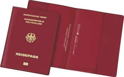 A German passport and its protective cover are shown on a white background.