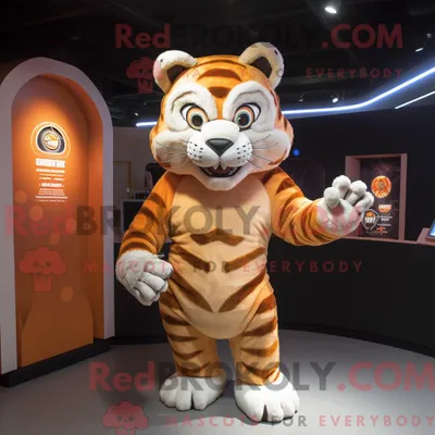 Produktbild von Maskottchen REDBROKOLY eines braunen Tigers mit Ganzkörperanzug und Ringen