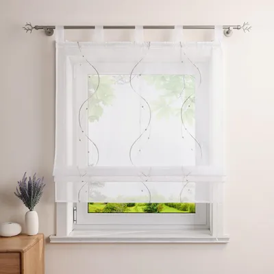 Produktbild von Faltvorhang mit Schlaufen - Transparenter Voile Vorhang mit Stickerei für Küche und Wohnzimmer, Sand, 80x140cm
