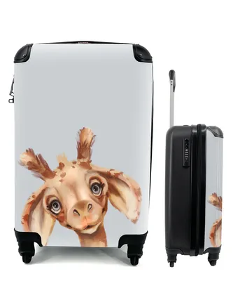 Produktbild von MuchoWow® Koffer Handgepäck Trolley Rollkoffer Kleine Reisekoffer mit 4 Rollen - Giraffe - Grau - Porträt - Cabin Size < 55x40x23 cm & 55x40x20 cm - Fotokoffer - Kabinenkoffer - Boardgepäck - Reise-Box - Reisekoffer - Reisegepäck - Koffer mit Bild - Trolley für Kinder