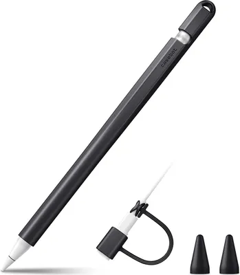 Produktbild von Fintie Silikon Hülle Kompatibel mit Apple Pencil (1. Generation) - Ultra leichte Stifttasche, weiche schützende Griffhalterung mit 2 Spitzenabdeckung und 1 Cable Adapter Tether, Schwarz