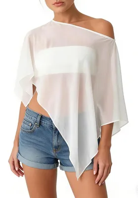 Imagen del producto de Omgoods - Poncho transparente de gasa para mujer, estilo escote barco y corte asimétrico