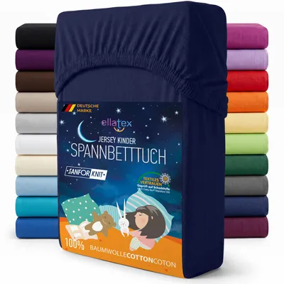 Produktbild von EllaTex Jersey Kinder Spannbettlaken 70x140 Baumwolle – weich & atmungsaktiv, Spannbetttuch für Babybett, in Farbe: Dunkelblau